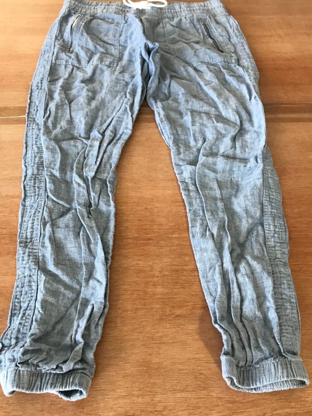 Athleta Cabo 100% Linen Jogger Women 8 Blue Zip Pocket Elastic Waist Athleisure